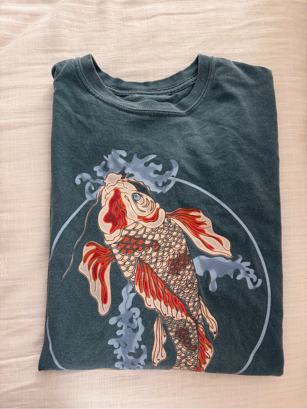 Urban Outfitters Dark Teal Koi Graphic Tee with Red Accents